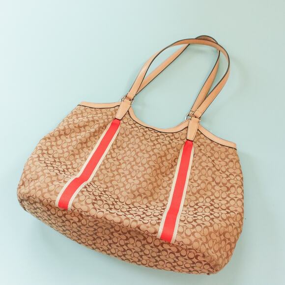 Coach Devin Signature Stripe Orange Top Handle Tote Bag Leather Strap - Picture 2 of 14